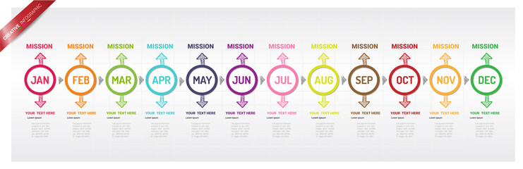 Time line for 1 year, 12 months, Timeline infographics design vector 12 steps and Presentation business can be used for Business concept with 12 options, steps or processes.