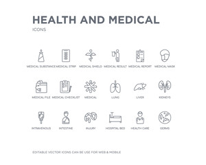simple set of health and medical vector line icons. contains such icons as germs, health care, hospital bed, injury, intestine, intravenous, kidneys, liver, lung and more. editable pixel perfect.