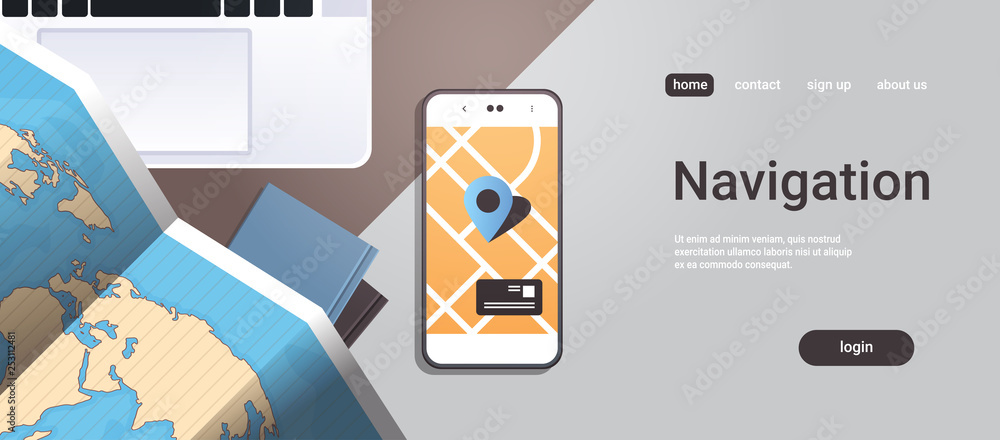 Poster navigation online application paper world map with gps location mark top angle view workplace deskto