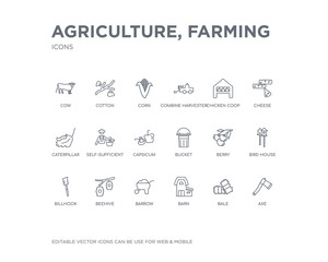 simple set of agriculture, farming vector line icons. contains such icons as axe, bale, barn, barrow, beehive, billhook, bird house, berry, bucket and more. editable pixel perfect.