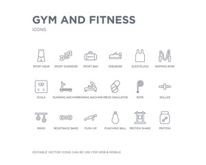 simple set of gym and fitness vector line icons. contains such icons as protein, protein shake, punching ball, push up, resistance band, rings, roller, rope, press simulator and more. editable pixel