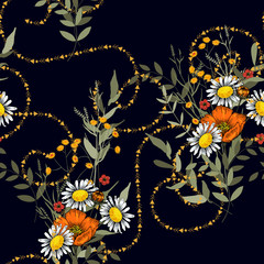 Wallpaper botanical vector illustration with hand drawn flowers chamomiles. Fantasy florals seamless pattern.