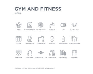 simple set of gym and fitness vector line icons. contains such icons as gym bars, gym ladder, station, gymnastic roller, hand grip, headgear, horizontal bar, hydratation, isotonic and more. editable