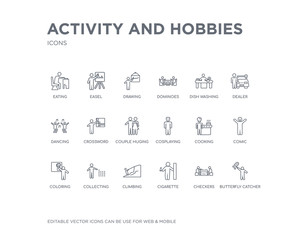 simple set of activity and hobbies vector line icons. contains such icons as butterfly catcher, checkers, cigarette, climbing, collecting, coloring, comic, cooking, cosplaying and more. editable