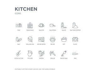 simple set of kitchen vector line icons. contains such icons as pan, pastry bag, peeler, pepper, pitcher, pizza cutter, plate, pot, recipe and more. editable pixel perfect.