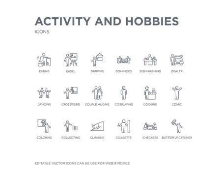simple set of activity and hobbies vector line icons. contains such icons as butterfly catcher, checkers, cigarette, climbing, collecting, coloring, comic, cooking, cosplaying and more. editable