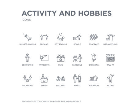 simple set of activity and hobbies vector line icons. contains such icons as acting, aquarium, arrest, baccarat, baking, balancing, ball pit, ballerina, barbeque and more. editable pixel perfect.