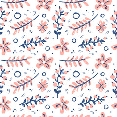 Vector seamless pattern in trendy hand drawn style, with fantastic flowers, branches and leaves.