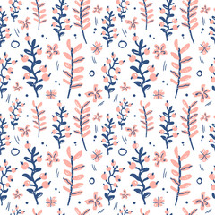 Vector seamless pattern in trendy hand drawn style, with fantastic flowers, branches and leaves.