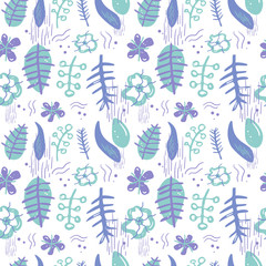 Vector seamless pattern in trendy hand drawn style, with fantastic flowers, branches and leaves.