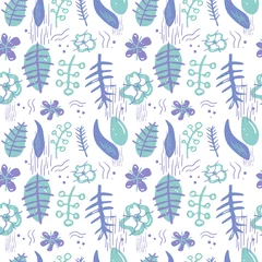 Fototapeten Vector seamless pattern in trendy hand drawn style, with fantastic flowers, branches and leaves. © tanya.gree