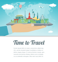 Obraz premium Travel composition with famous world landmarks. Travel and Tourism concept. Vector