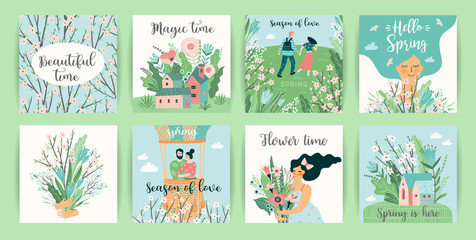 Fototapeta na wymiar Set of cute illustrations with people and spring nature.