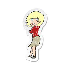 retro distressed sticker of a cartoon happy woman