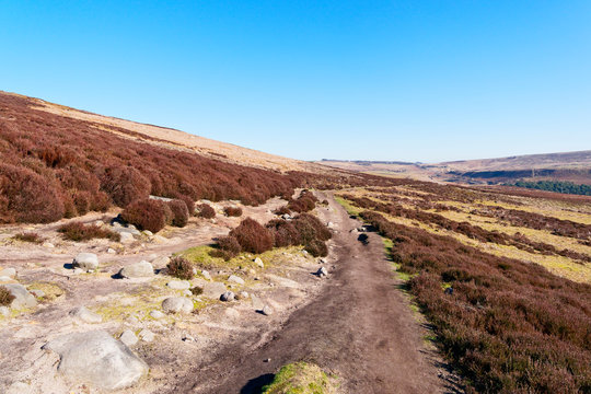 A narrow footpath winds donw hill on Derwent Moor in Derbyshire - Powered by Adobe