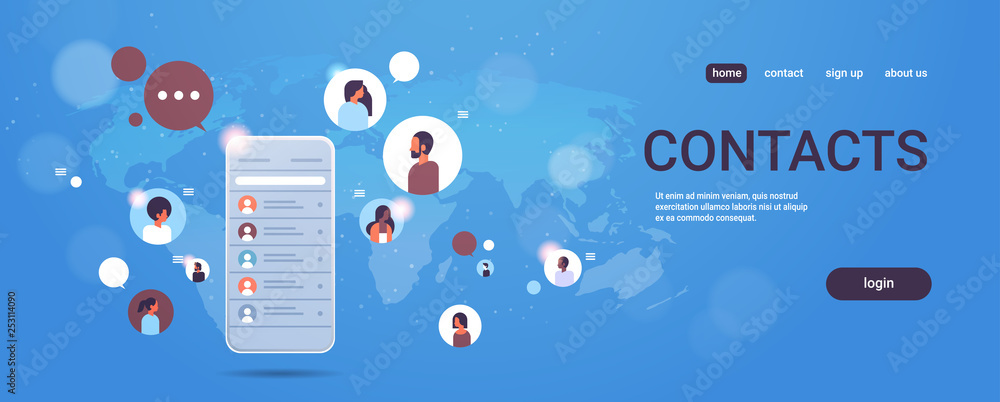 Poster contact list of mix race people social network communication concept smartphone select contacts scre