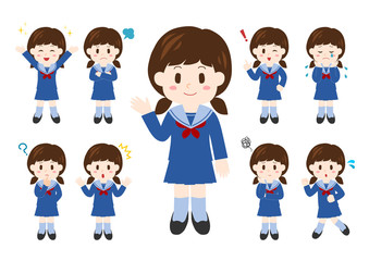 女子中学生のポーズと表情のイラスト: 全身セット