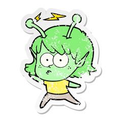 distressed sticker of a cartoon alien girl
