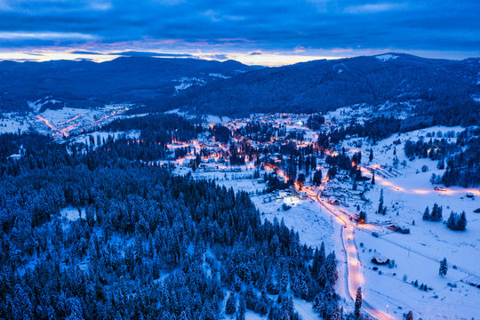 Borsec winter resort, aerial view at sunset