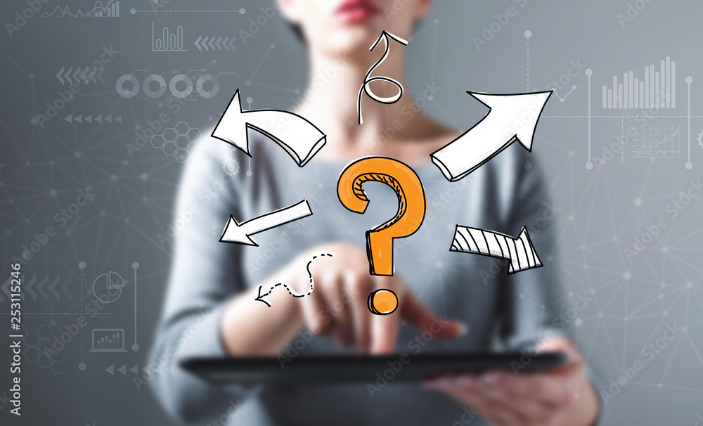 Poster question mark with arrows with business woman using a tablet computer
