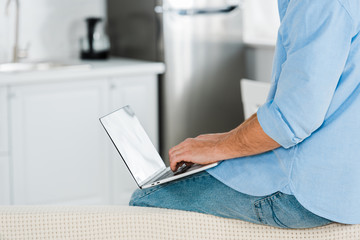 cropped view of man sitting and using laptop at home with copy space