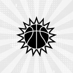 Sun rays basketball emblem ball with sunny rays halftone background vector sport illustration