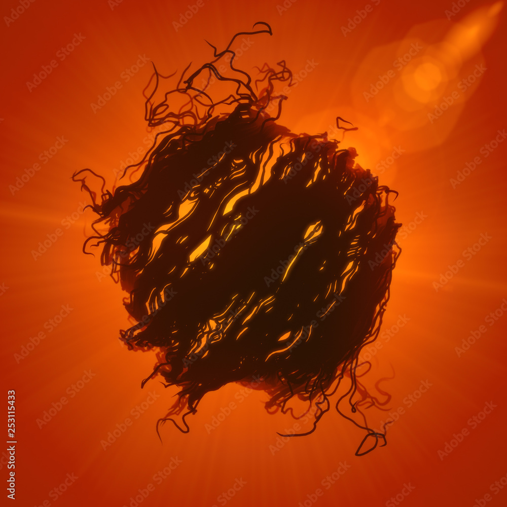 Poster Abstract interweaving psychedelic dark lines surrounded by colored mist. Curled wire futuristic pattern. 3d rendering