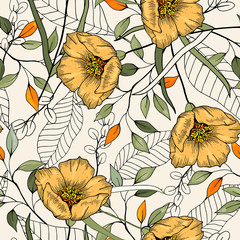 Realistic isolated seamless floral pattern. Hand drawn vector illustration. Paradise flowers.