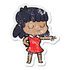 distressed sticker of a cartoon indifferent woman pointing