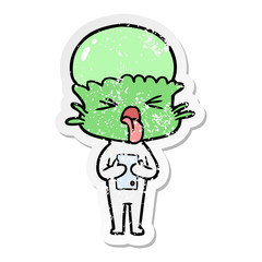 distressed sticker of a disgusted cartoon alien