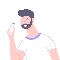 An attractive male character holding a bottle of water, milk or soda. Friendly smiling guy. Vector illustration isolated on white background.
