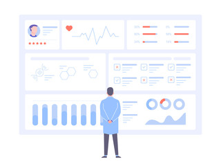 A male doctor is standing back to us in front of a big data screen. Diagnosis of diseases, medical tests, effective treatment. Dashboard with patient health information. Vector illustration.