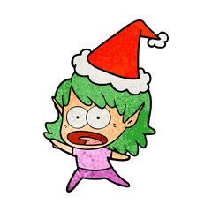 textured cartoon of a shocked elf girl wearing santa hat