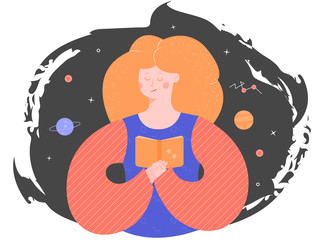 Pretty girl immersed in reading. In the hands of holding a book. Sent to the uncharted worlds of space and astronomy. Vector illustration.