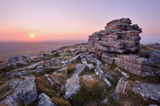 Sunset Belstone tor Dartmoor Devon Uk
