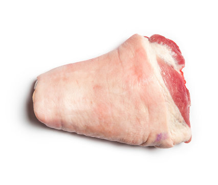 Overhead view of raw Pork Hock on white background.