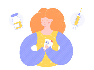 A redhead woman is holding a prescription for medicine. Next icon boxes with pills and syringe. Health care, disease treatment, preventive measures. 