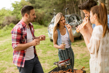 Group of young people enjoying barbecue party in the nature