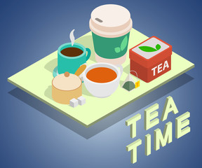 Tea time concept banner. Isometric banner of tea time vector concept for web, giftcard and postcard