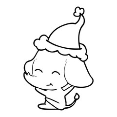 cute line drawing of a elephant wearing santa hat