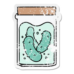 distressed sticker cartoon doodle jar of pickled gherkins