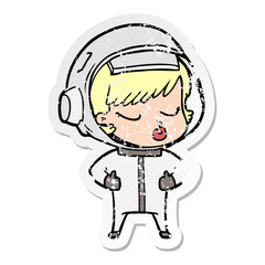 distressed sticker of a cartoon pretty astronaut girl
