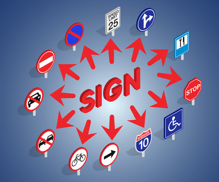 Road sign concept banner. Isometric banner of road sign vector concept for web, giftcard and postcard