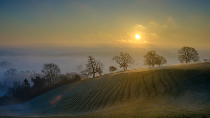Fototapeta na wymiar Misty morning sunrise over the Hambledon valley, Hampshire, UK