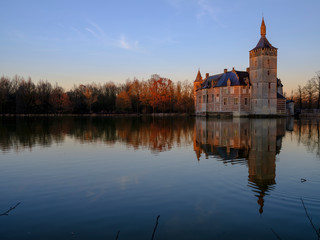 Calm sunset and reflections Kasteel van Horst near Holsbeek, Vlaanderen, Belgium