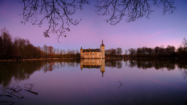 Calm sunset and reflections Kasteel van Horst near Holsbeek, Vlaanderen, Belgium