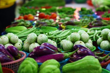 fresh vegetables on the table at fresh market in Chiangmai, Thailand