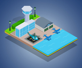 Water airport concept banner. Isometric banner of water airport vector concept for web, giftcard and postcard