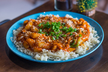 Wok Fry Spicy Toppokki with Ramen with spicy korean sauce