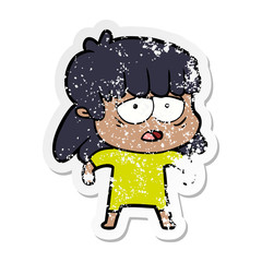 distressed sticker of a cartoon tired woman